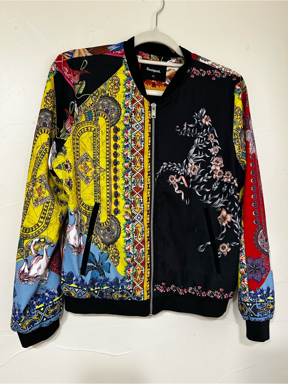 Desigual Multicolor Patchwork Bomber Jacket with Floral Motifs